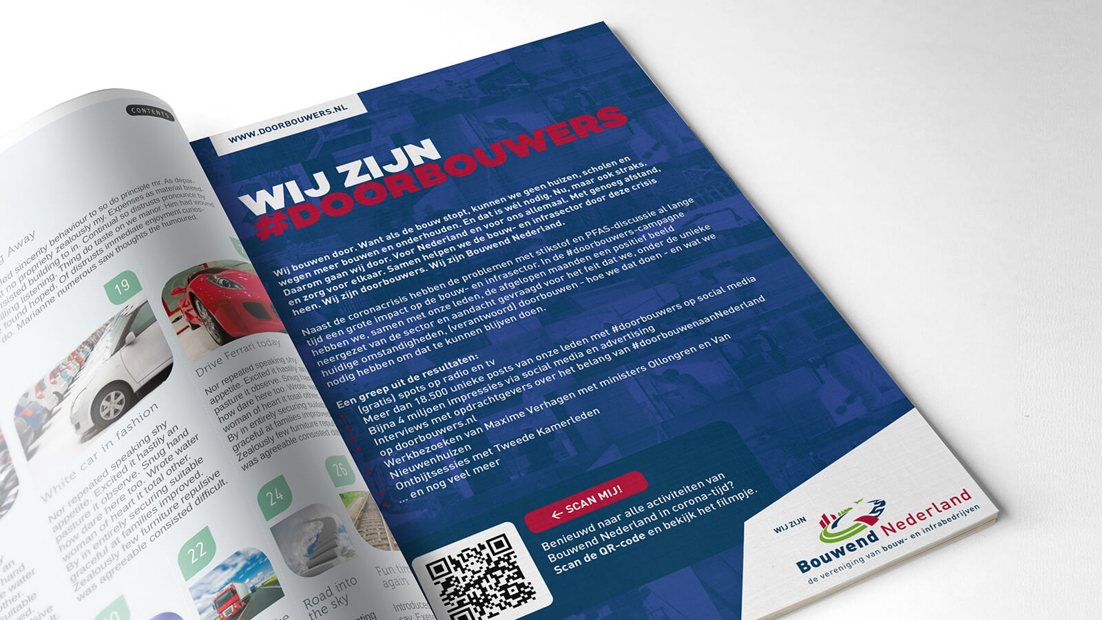 Afbeelding van een advertentie voor #doorbouwers in een magazine.